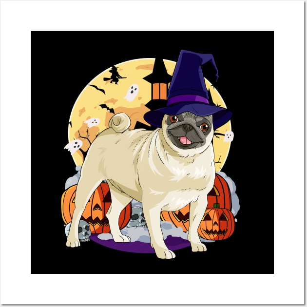 Pug Witch Pumpkin Happy Halloween Wall Art by Noseking